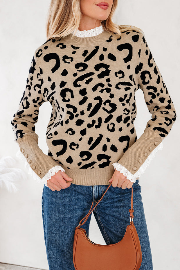 Brown Leopard Pattern Lace Ribbed Detail Button Cuffed Sweater