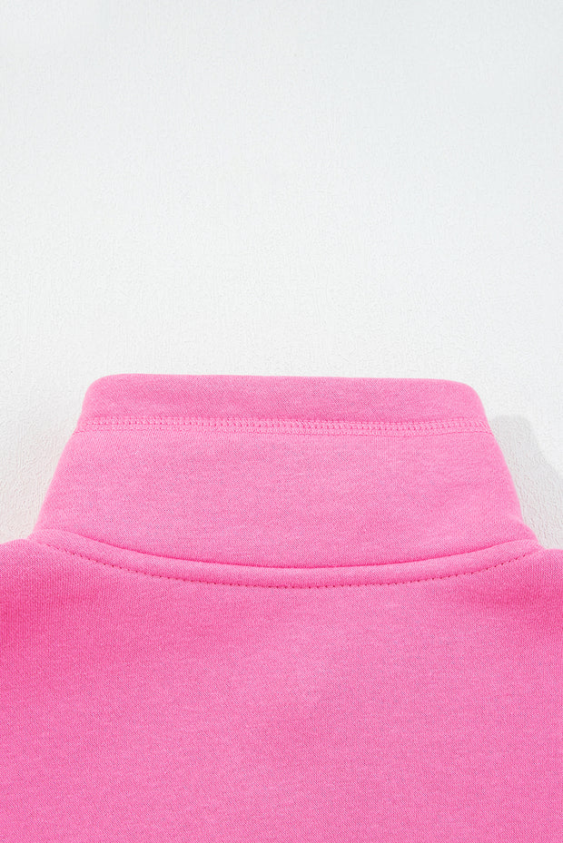 Bright Pink Half Button Stand Neck Drop Shoulder Sweatshirt