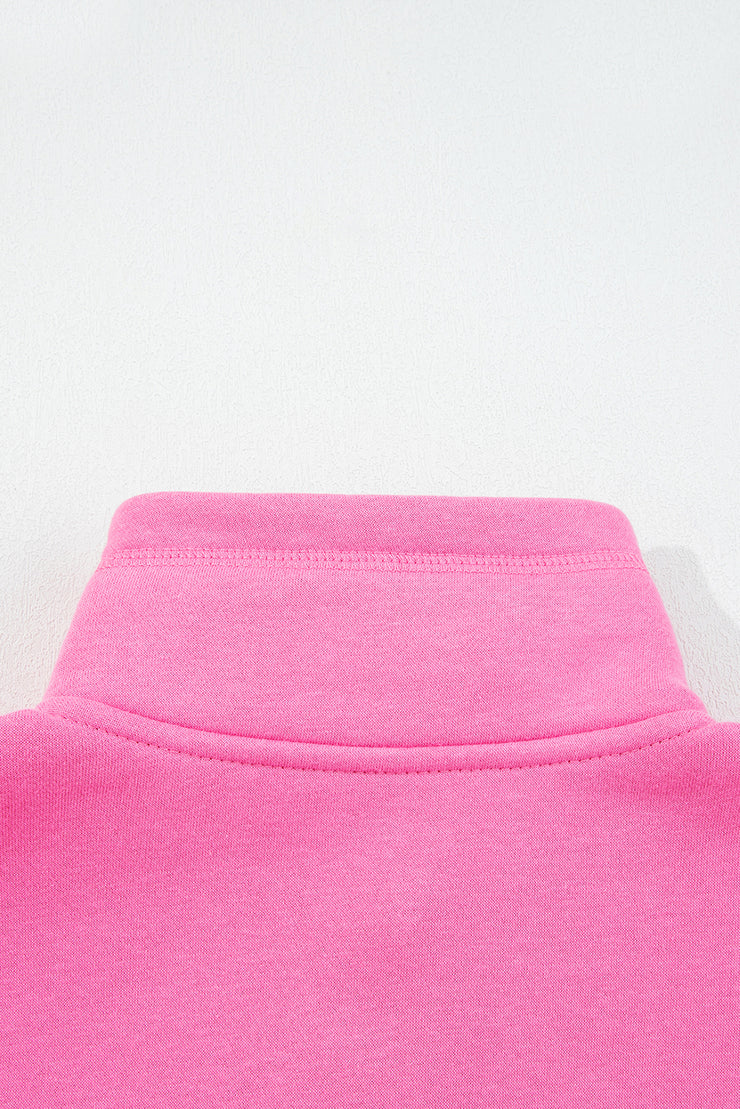 Bright Pink Half Button Stand Neck Drop Shoulder Sweatshirt
