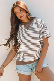 Parchment Contrast Detail Striped Ruffle Short Sleeve Top