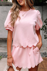 Light Pink Puff Sleeve Pearl Embellished Scallop Trim Top 2 Piece Skort Set