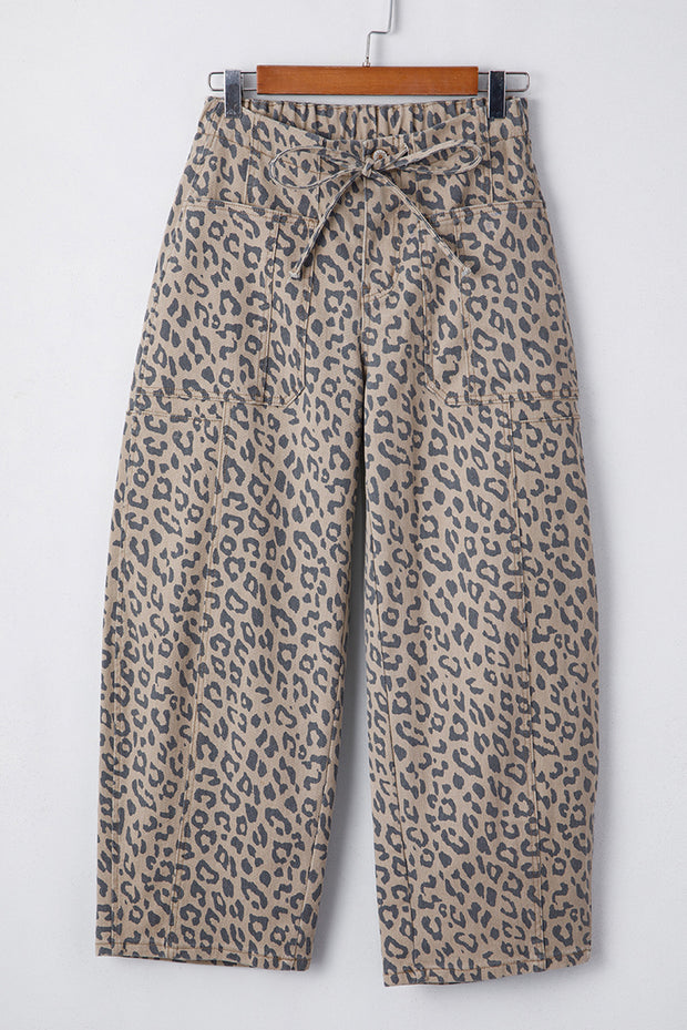 Khaki Leopard Printed Drawstring Waist Pocketed Wide Leg Jeans