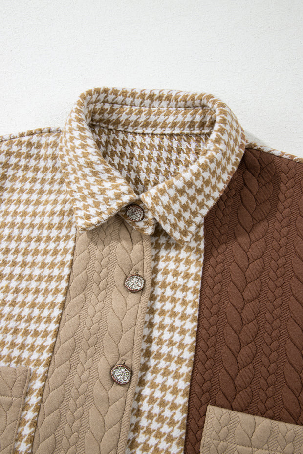 Khaki Houndstooth Color Contrast Textured Patchwork Loose Shacket
