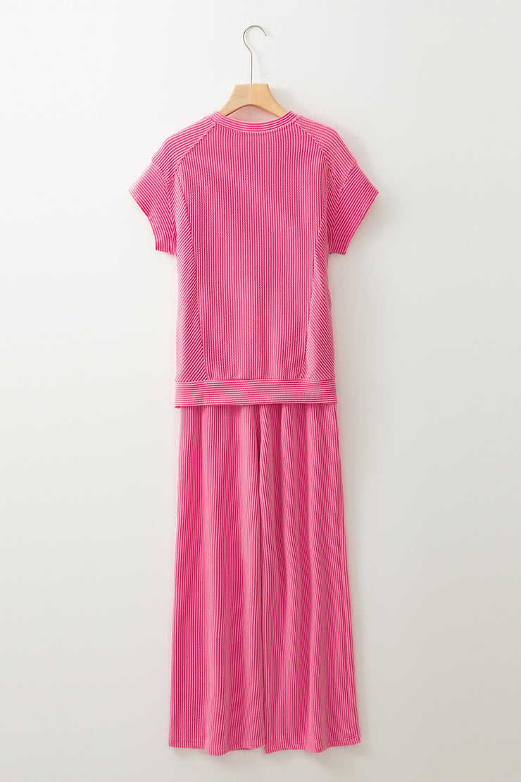 Bright Pink Solid Corded Knit Short Sleeve T Shirt and Wide Leg Pants Set