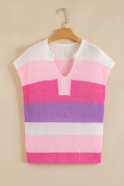 Pink Color Block Notch V Neck Sweater T Shirt