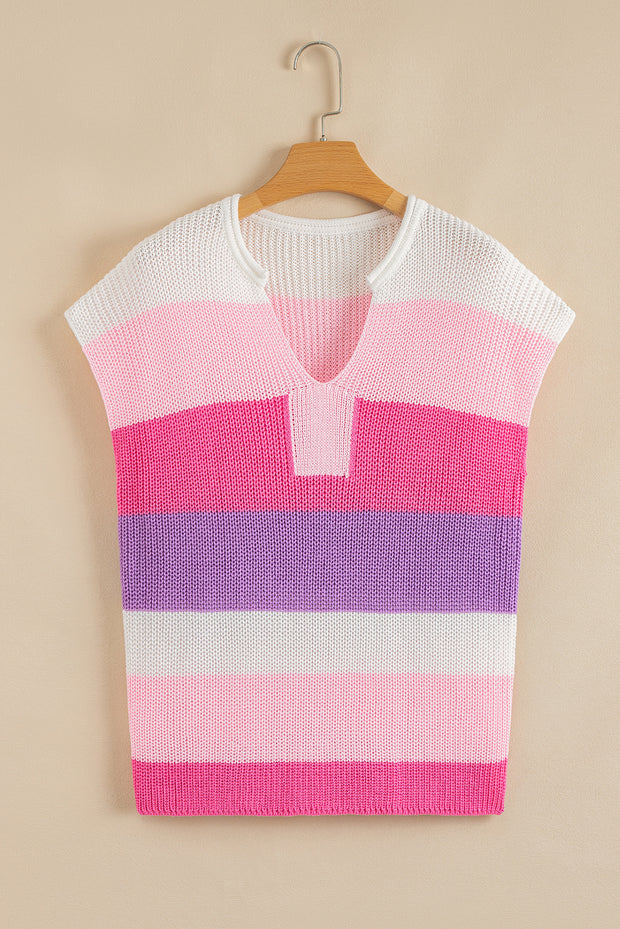 Pink Color Block Notch V Neck Sweater T Shirt