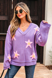 Lavendula Brushed Star Graphic V Neck Drop Shoulder Oversize Sweater