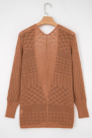 Redwood Burl Mix Pattern Hollowed Knit Open Front Cardigan