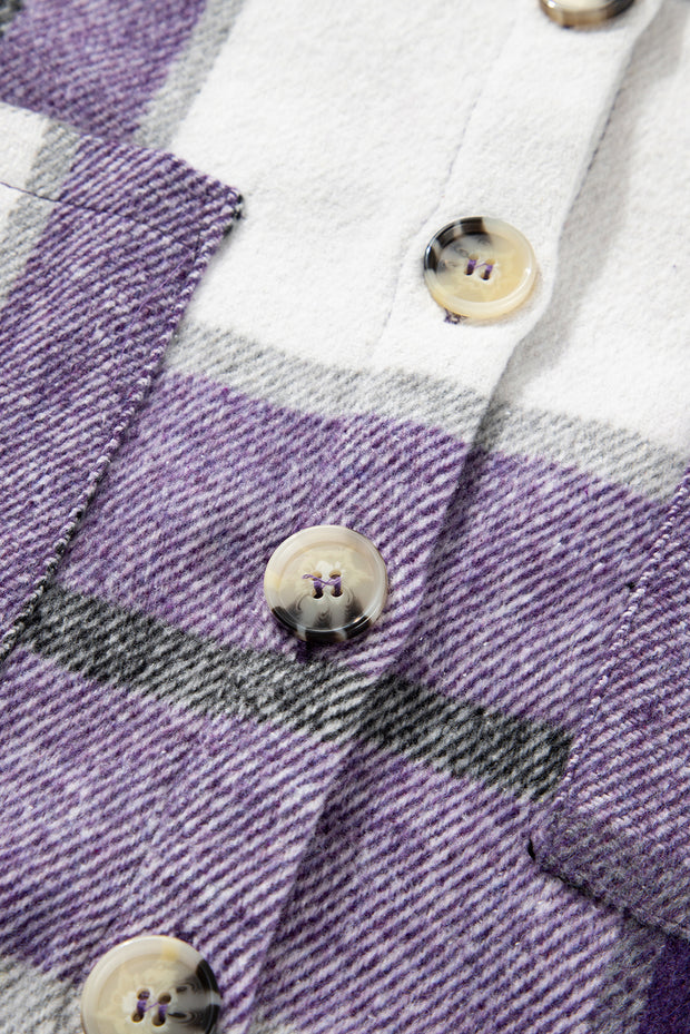 Purple Plaid Color Block Buttoned Long Sleeve Jacket with Pocket