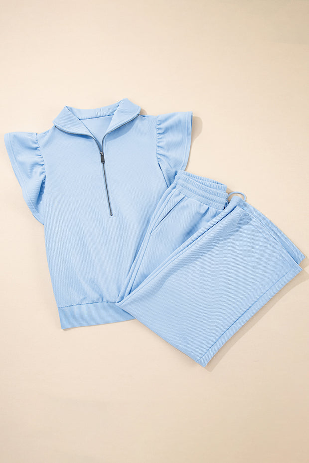 Beau Blue Textured Ruffled Sleeve Zipped Top and Wide Leg Pants Set