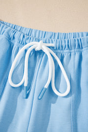 Myosotis V Neck Drop Shoulder Tee and Patchwork Drawstring Shorts Set