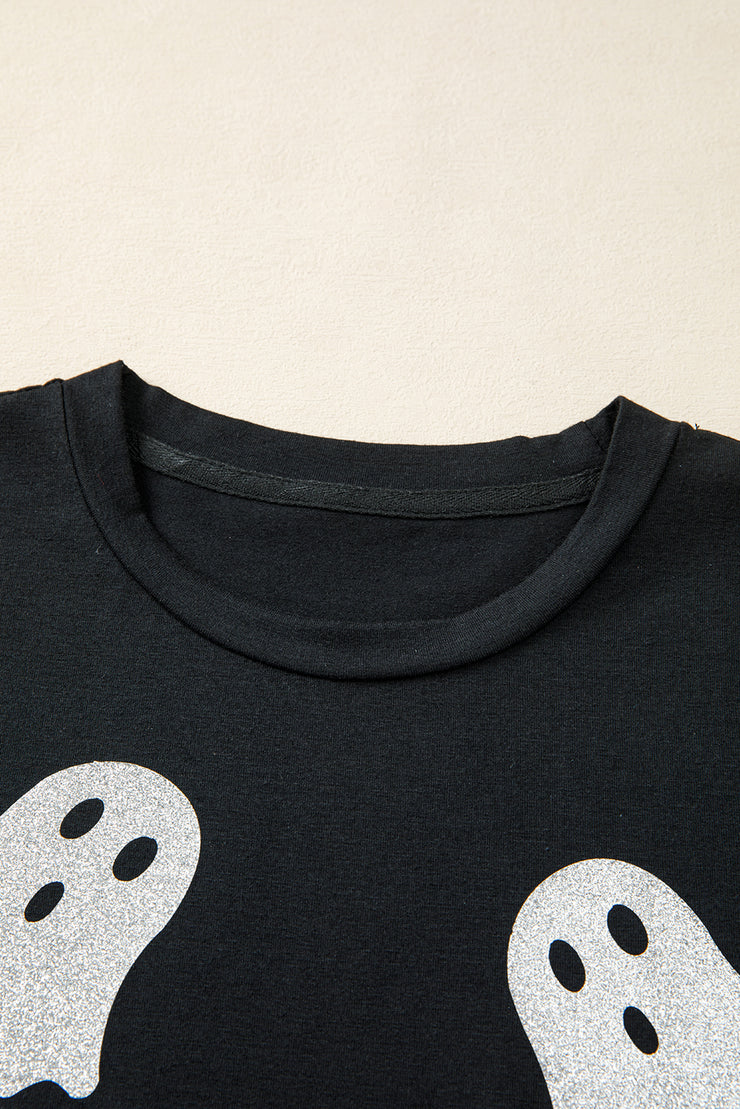 Black Glitter Ghost Pattern Crew Neck Halloween T Shirt