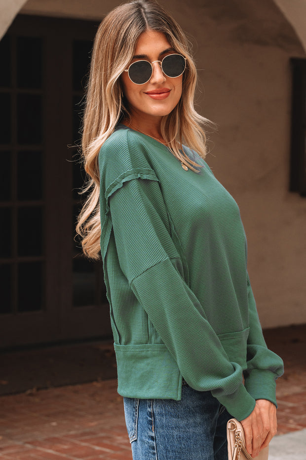 Evergreen Solid Color Raw Seam Patchwork Ribbed Drop Shoulder Sweatshirt