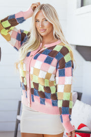 Multicolour Plush Checkered Pattern Button Front Cardigan Sweater