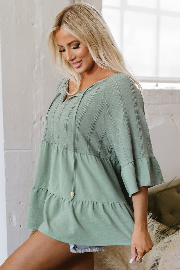 Laurel Green Tie Split Neck Textured Ruffle Patchwork Blouse