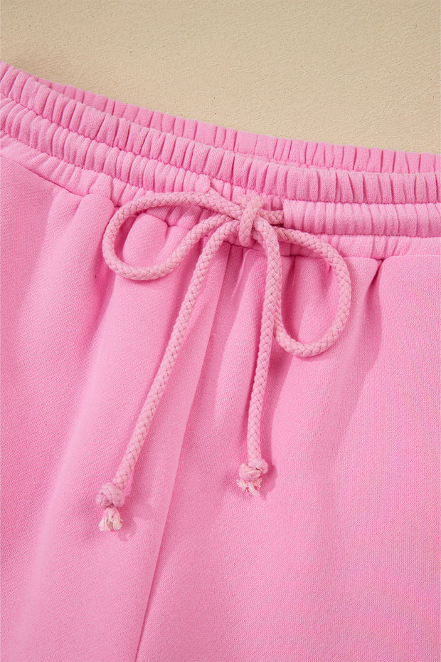 Strawberry Pink Color Block Pullover and Lace-up Elastic Waist Shorts Set