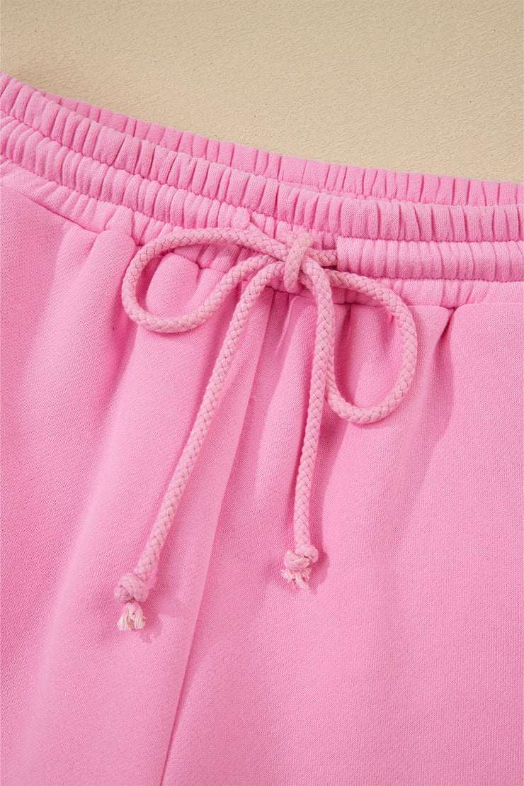 Strawberry Pink Color Block Pullover and Lace-up Elastic Waist Shorts Set