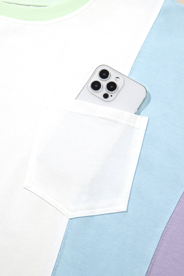 Camiseta oversize de media manga con patchwork y bloques de color blanco