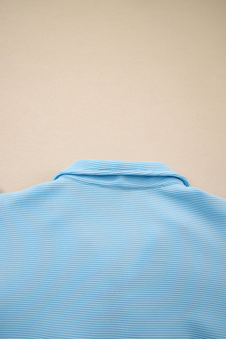 Beau Blue Striped Detail Flutter Sleeve Zipped Collar Short Set