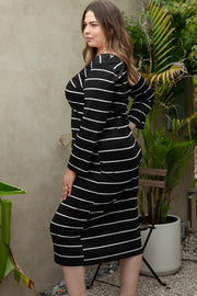 Black Plus Size Striped Loose Long Shift Dress
