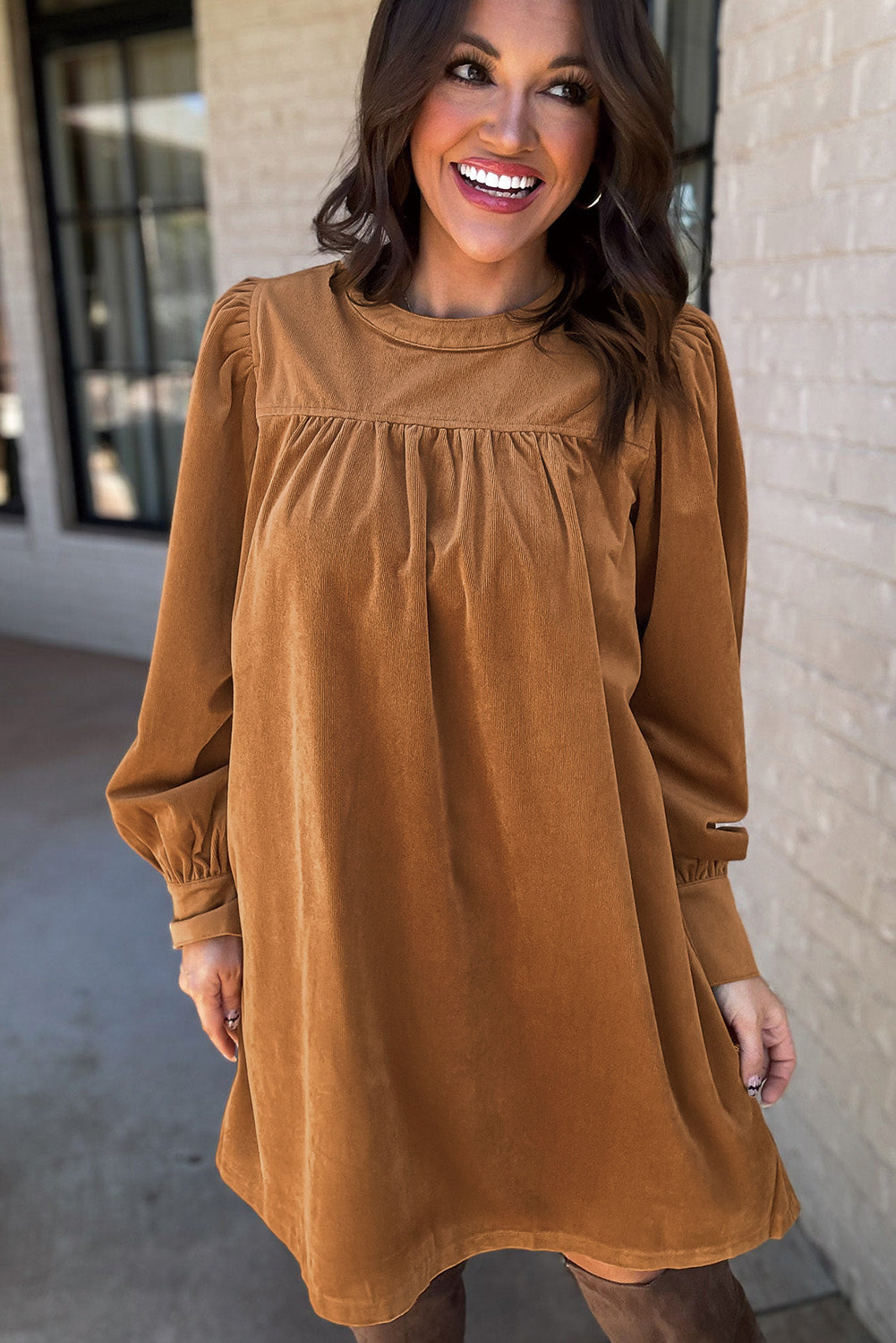 pleated shift mini dress Desert Gold Corduroy Pleated Puff Sleeve Shift Short Dress
