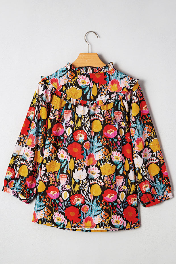 Black Floral 3/4 Puff Sleeve Tied Neck Blouse