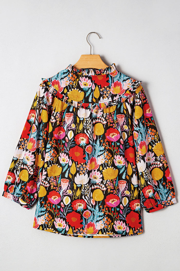 Black Floral 3/4 Puff Sleeve Tied Neck Blouse