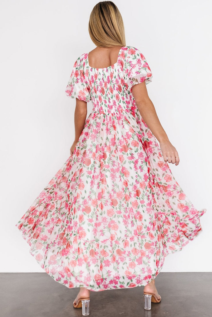 Pink Plus Size Floral Square Neck Puff Sleeve Ruffle Maxi Dress