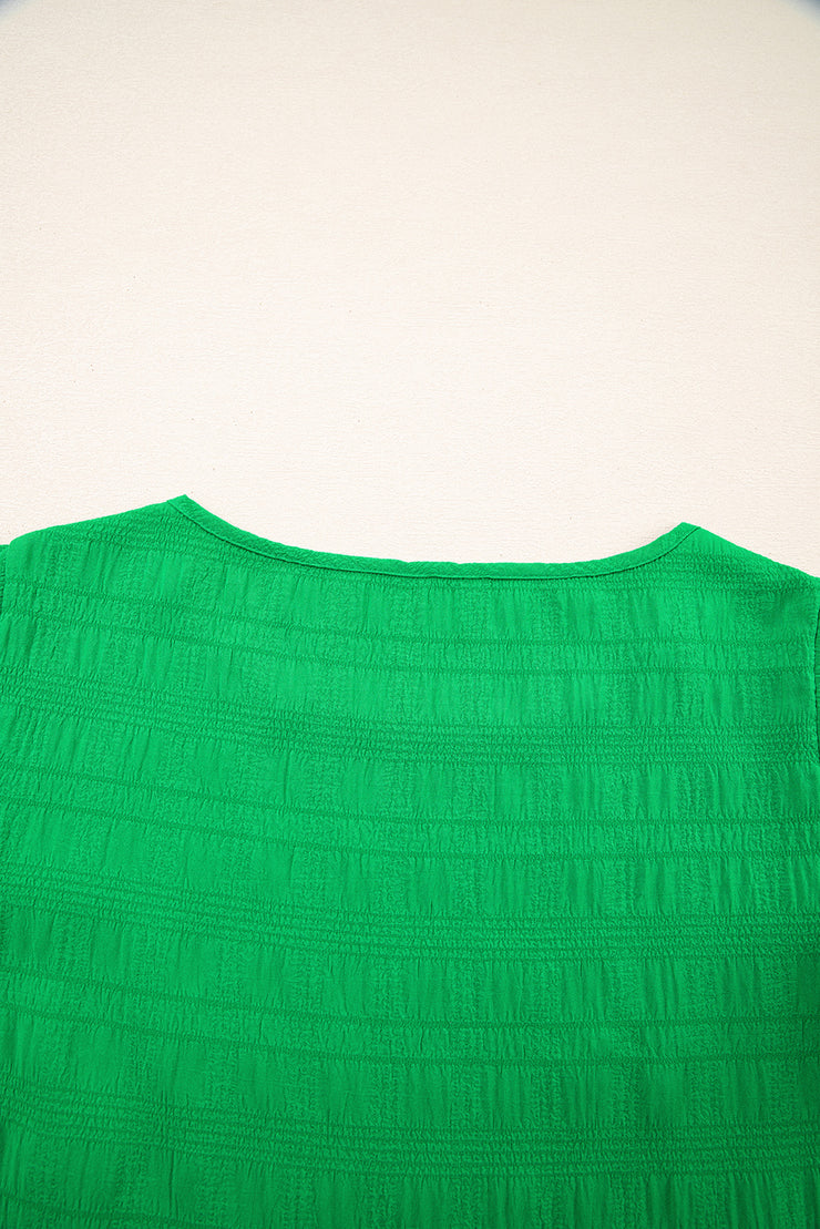 Dark Green Textured Ruffled Sleeve Round Neck Top