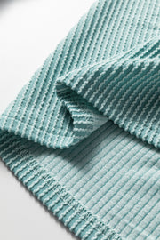 Light Blue Oversized Twist Ribbed Collared Henley Top with Roll up Sleeve