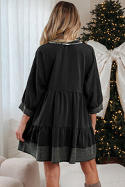 Black Contrast Stitched V Neck 3/4 Sleeve Tiered Mini Dress