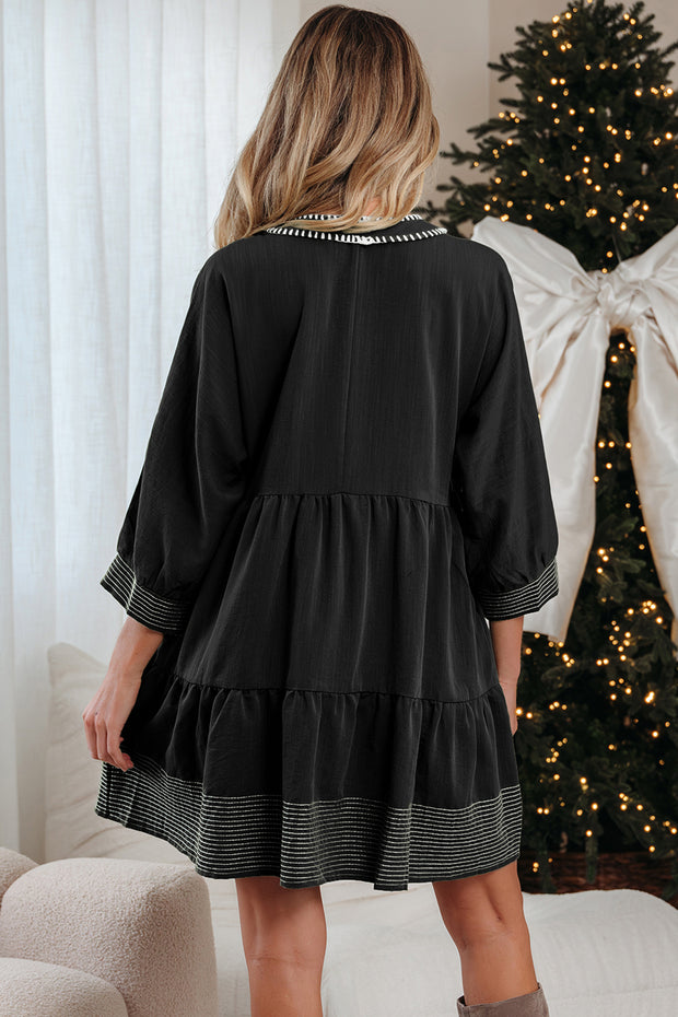 Black Contrast Stitched V Neck 3/4 Sleeve Tiered Mini Dress
