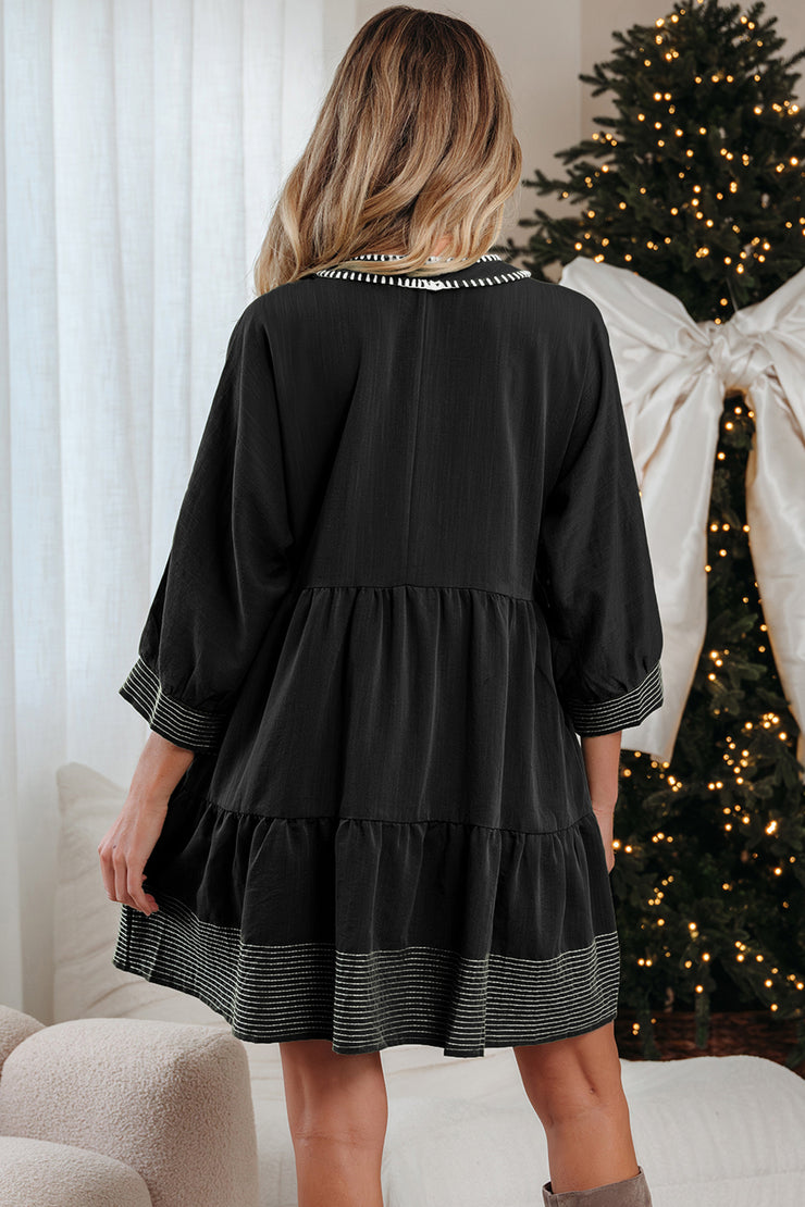 Black Contrast Stitched V Neck 3/4 Sleeve Tiered Mini Dress