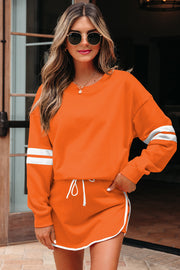 Orange Varsity Stripe Detail Drop Shoulder Pullover Mini Skirt Set
