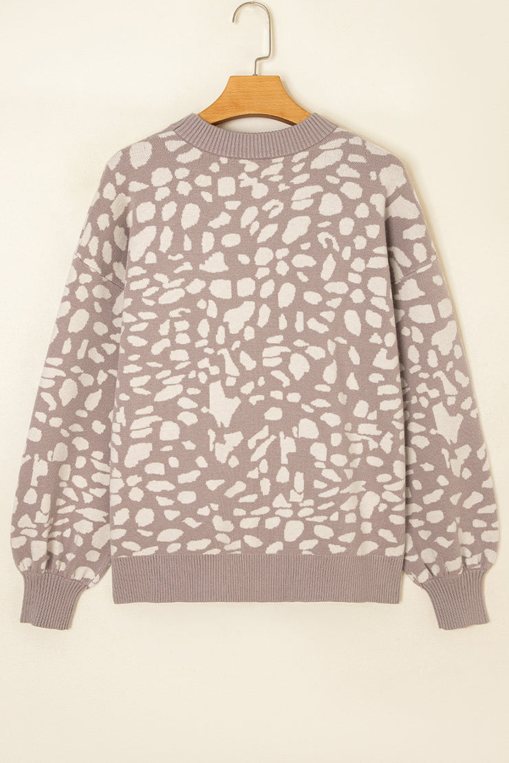 Gray Leopard Spots Pattern Ribbed Trim Drop Shoulder Sweater