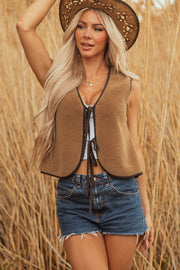 Light French Beige Contrast Trim Tie Front Sherpa Vest