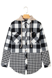 Black Double Plaid Patchwork Drawstring Hooded Shacket