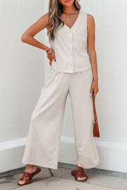 Apricot Buttoned V Neck Tank Top and Wide Leg Pants Casual Outfit