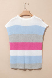 Light Blue Color Block Notch V Neck Sweater T Shirt