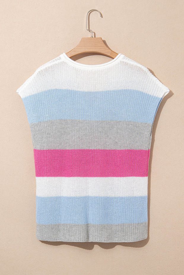 Light Blue Color Block Notch V Neck Sweater T Shirt