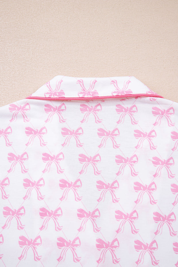 Pink Bow Print Long Sleeve Shirt and Pants Soft Pajama Set