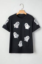Black Glitter Ghost Pattern Crew Neck Halloween T Shirt