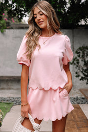 Light Pink Puff Sleeve Pearl Embellished Scallop Trim Top 2 Piece Skort Set
