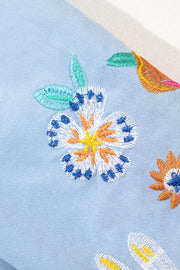 Beau Blue Floral Embroidered Puff Sleeve Split Neck Blouse