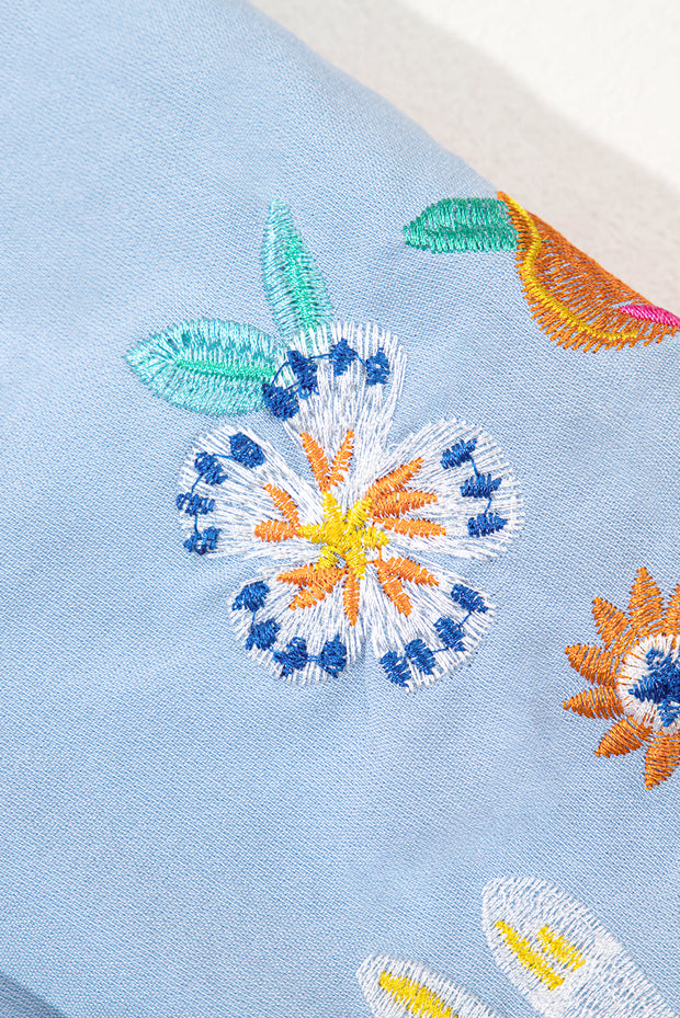 Beau Blue Floral Embroidered Puff Sleeve Split Neck Blouse