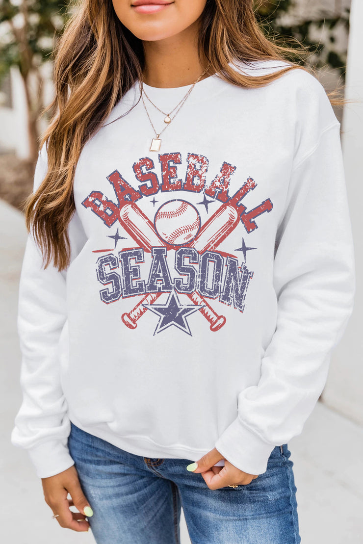 White BASEBALL SEASON Vintage Print Graphic Sweatshirt