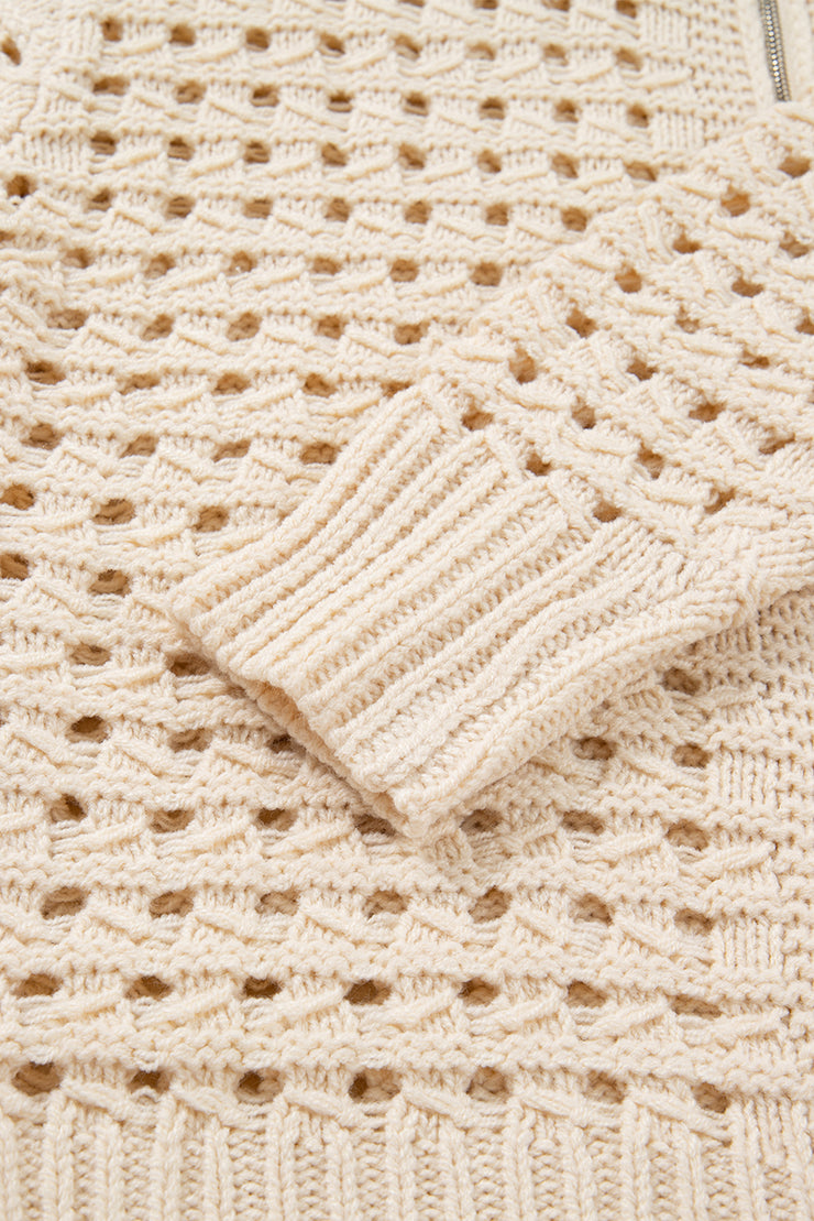 Beige Hollowed Pattern Knit Zip Up Drop Shoulder Sweater Cardigan