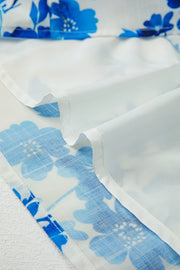 Blue Floral Long Sleeve Lace-up V Neck Blouse