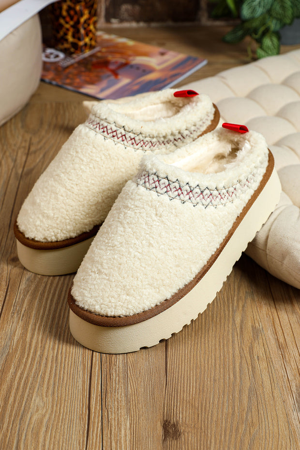 White Embroidered Sherpa Plush Thick Sole Winter Slippers