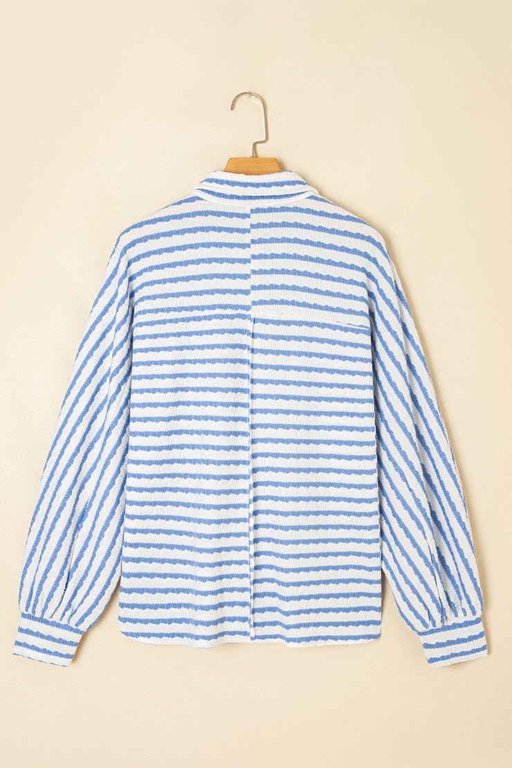 Sky Blue Stripe Half Button Collared Chest Pockets Loose Fit Blouse